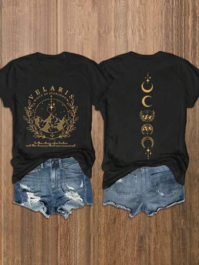 INAWLY Summer Star And Moon Graphic Print Casual Round Neck Short Sleeve T-Shirt Graphic Tees Women Tops