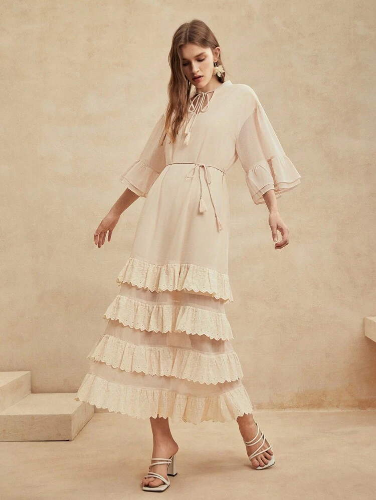 Tiered Fringed Hem Layered Embroidered Ruffle Trim Beige Dress