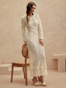Anewsta Sweet 3D Handmade Flower Knitted Sweater Dress Cover Up Summer - Apricot - View 4