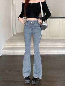 女士高腰修身喇叭裤弹力牛仔裤，带口袋，休闲春季款 - 淺色水洗藍 - 查看 3