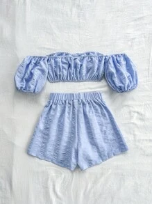 Soleia Women's Holiday Off-Shoulder Short Sleeve Crop Top And Shorts Set - Blue - View 2