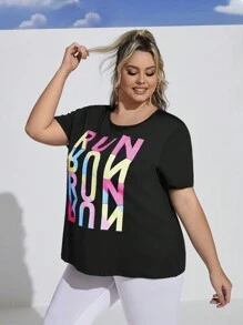 SHEIN Rhythm Era Talla grande Camiseta deportiva con estampado de letra - Negro - Ver 3