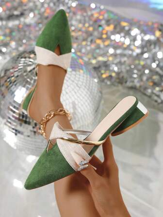 秋冬女士绿色尖头穆勒鞋厚底鞋、户外派对天鹅绒低跟浅口鞋、平底鞋