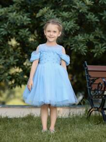 SHEIN Glamorique Kids Casual vakantie bloemen mesh & parel gezwollen prinsessenrok voor meisjes