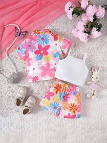 SHEIN Baby Mädchen Sommer Blumendruck Kurzarm Shirt & Shorts Mit 3d Blumen Verziertem Riemen