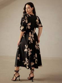 Chiquease Random French Vintage Colliding Color Floral Printed Ruched Bust Cup Square Neck Puff Sleeve Plus Size Dress Vacation Outfits Woman  - Multicolor - View 2