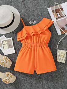 SHEIN Young Girls' Solid Color Asymmetrical Neckline Ruffle Lace Summer Sleeveless Romper - Orange - View 2
