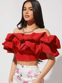 L'Amorae Top ombro a ombro com babados exagerados - Vermelho - Visão 1