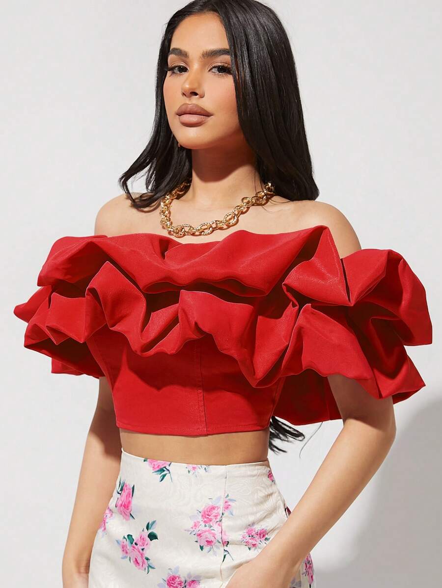 L'Amorae Top ombro a ombro com babados exagerados - Vermelho - Visão 1