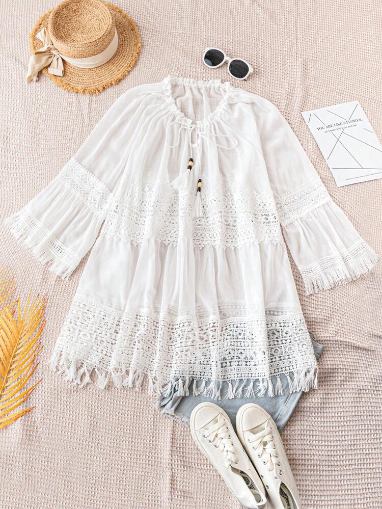 Vacation Ladies Summer Leisure Seaside Beach Lace Hollow Stitching Loose See-Through Round Neck Wood Frill Trim Tassel Strap White Mini Dress Bohemian Music Festival