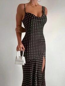 1 件女士时尚性感圆点印花开衩下摆夏季连衣裙 - 黑色 - 查看 3