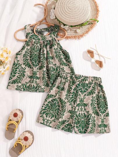 Sparklyn 2入組少女花卉印花短褲和襯衫套裝，優雅且