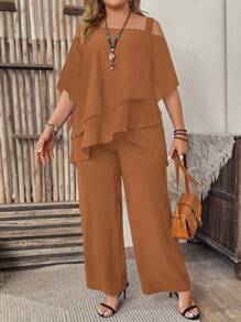Breezaya Plus Size Vacation Casual Solid Color Asymmetrical Collar Shirt And Pants Two-Piece Set - Brown - View 1