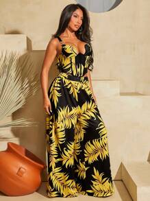 SHEIN SXY Vacation Plant Print Bodice Top And Extra Long Swing Pants Two-Piece Set - Multicolor - View 6