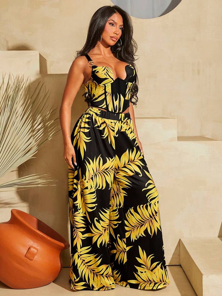 Vacation Plant Print Bodice Top And Extra Long Swing Pants Two-Piece Set