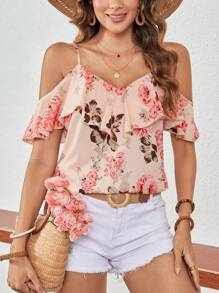 KARISMINA Summer Women's Romantic Vacation Camisole Shirt With Ruffle Neckline,Sleeveless Tops