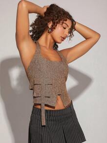 Hauture Flap Pocket Buckle Back Halter Top - Khaki - View 4