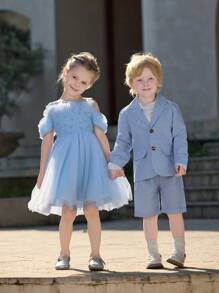 SHEIN Ensemble de 2 pièces Veste de costume rayée pour garçons élégants de style britannique à manches longues et shorts décontractés jusqu'au genou, tenue décontractée et confortable pour cocktail, anniversaire, mariage et voyage - Multicolore - Voir 1