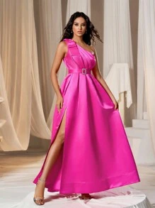 One Shoulder Plicated Detail Split Thigh Rhinestone Belted Satin Dress - Hot Pink - View 3