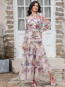 翻领灯笼袖荷叶边厚重网眼印花腰部收紧蓬松摇摆长礼服优雅长袖舞会半正式婚礼宾客礼服，适合生日、毕业典礼、返校节派对礼服 - 米色 - 查看 1