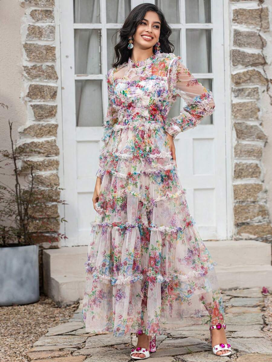 翻领灯笼袖荷叶边厚重网眼印花腰部收紧蓬松摇摆长礼服优雅长袖舞会半正式婚礼宾客礼服，适合生日、毕业典礼、返校节派对礼服 - 米色 - 查看 1