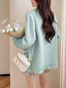 Women's Front Button Pocket Elegant Long Sleeve Cardigan - Green - View 2