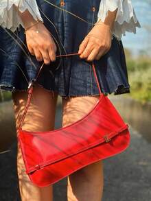 1 件红色女士时尚手提包，法式复古风格，单肩包，新月形和新法棍形状，适合约会和休闲场合 - 紅色 - 查看 2