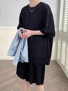 男式夏季實色圓領傾肩休閒T恤和短褲套裝 - 黑色 - 查看 1