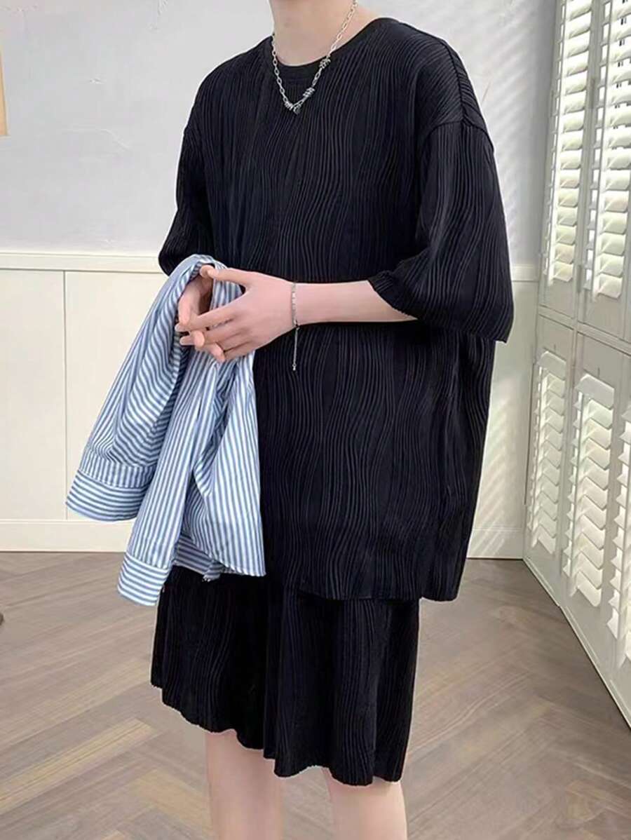 男式夏季實色圓領傾肩休閒T恤和短褲套裝 - 黑色 - 查看 1