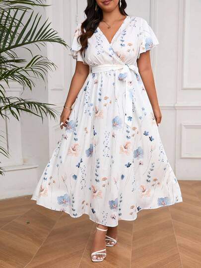 SHEIN Privé Plus Size Summer Vacation V-Neck Loose Fitting Jumpsuit Dress With Floral Print And Split Hem Detail, Women's,Beach Dress Sundress,Holiday Outfits Boho