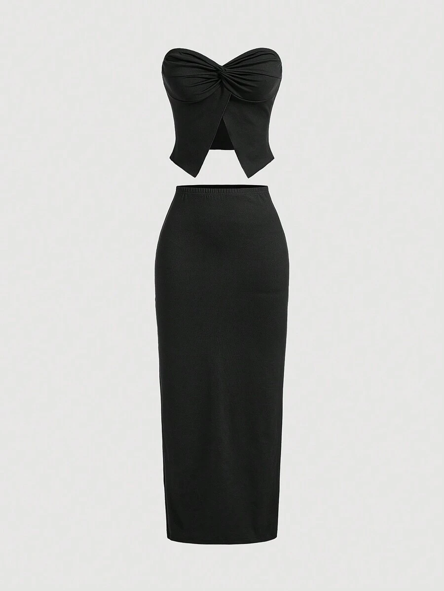 SHEIN MOD White Twist Bandeau Top & Long Skirt Two-Piece Set - Black - View 1