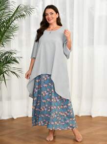 Mulvari 加大码圆领纯色不对称下摆上衣和花卉印花无袖连衣裙套装 2 件套