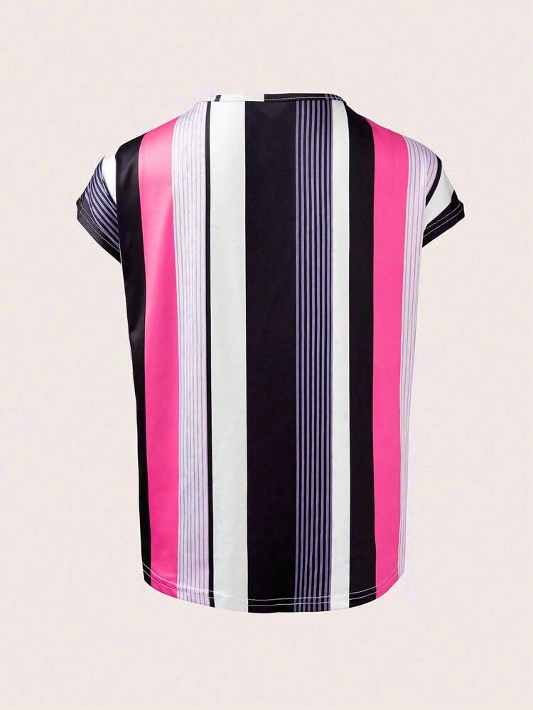 Women's Summer Striped & Printed Notched V-Neck Short Sleeve Casual T-Shirt