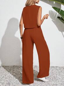 SHEIN Frenchy Setelan Dua Potong Wanita Warna Polos, Atasan Tanpa Lengan dan Celana Panjang, Gaya Liburan Klasik, Cocok untuk Pakaian Kembali ke Sekolah, Pakaian Alami Musim Panas - Burnt Orange - View 2