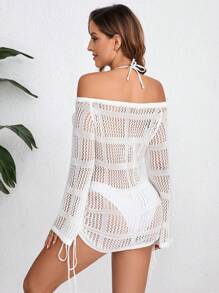SHEIN Swim Ladies' See-Through Off Shoulder Long Sleeve Solid Color Dress With Cover Up Summer - White - View 4
