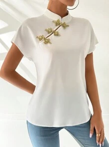 Chiquease Camisa de lino de manga corta con botones al estilo chino para mujer - Blanco - Ver 5