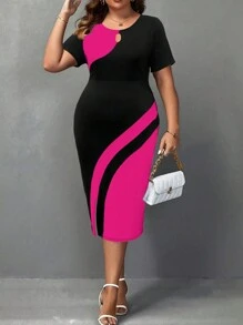 SHEIN Clasi Plus Size cổ tròn tương phản màu sắc mùa hè Váy ngắn tay thường ngày - Nhiều màu - Xem 1
