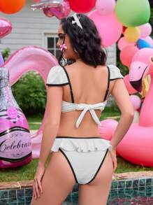 SHEIN Swim Sommar strandbikiniset för kvinnor med slips framtill, tvådelat bikiniset - Svart och Vitt - Visa 3