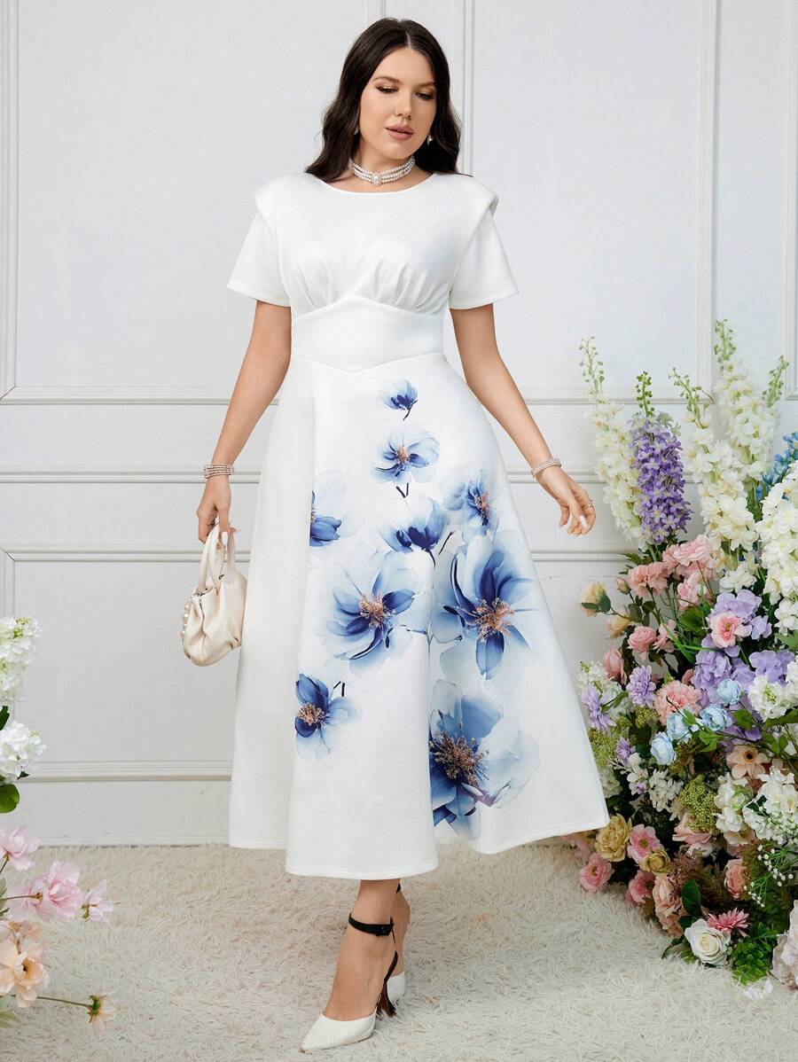 Modelyn 大碼花卉印花圓領度假風夏季連衣裙 - 白色 - 查看 1