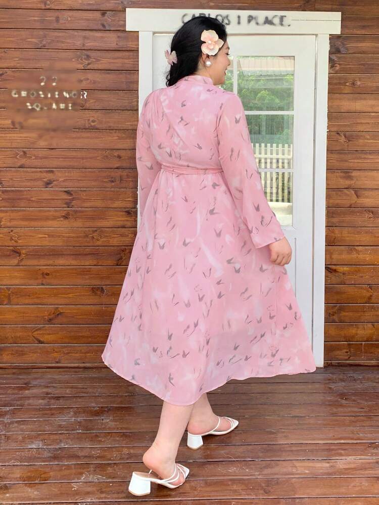 Dazy Plus Plus Size Floral V-Neck Tie-Waist Long Sleeve Dress,Fall Dress Maxi Dress