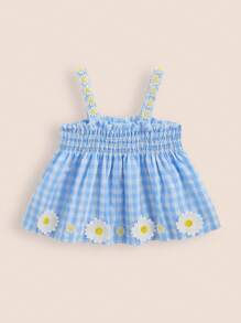 SHEIN Tween Girl Summer Daisy Patch Plaid Ruffle Hem Cute Camisole Top - Blue and White - View 2