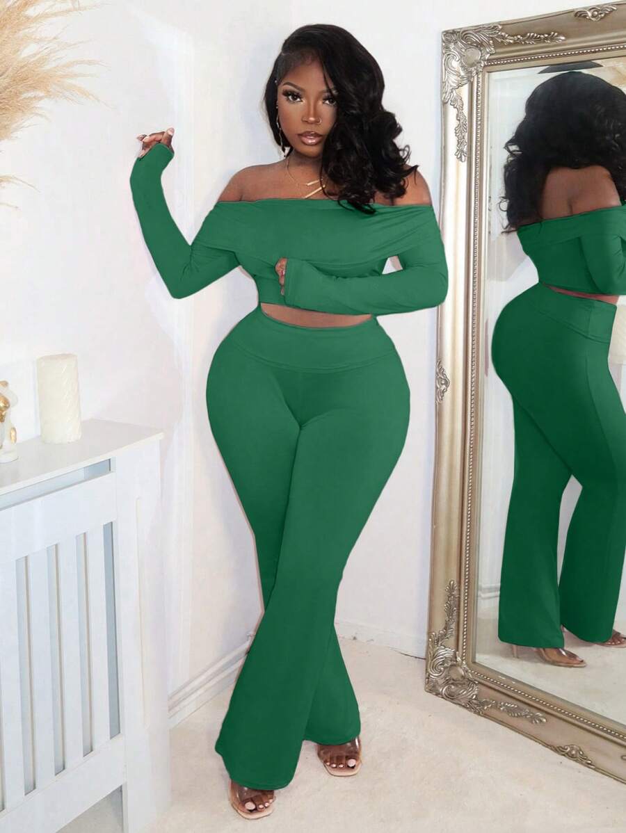 Slaydiva Spring/Summer Off Shoulder Cropped Top And Slim Fit Long Pants Sexy Two-Piece Set - Green - View 1