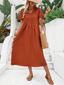 EMERY ROSE Women's Short Sleeve Plain V-Neck Summer Dress - Rust Brown - View 3