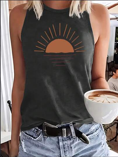 INAWLY Sunrise Easy Line Drawing Printed Casual Round Neck Tank Top Graphic Tees Women Tops