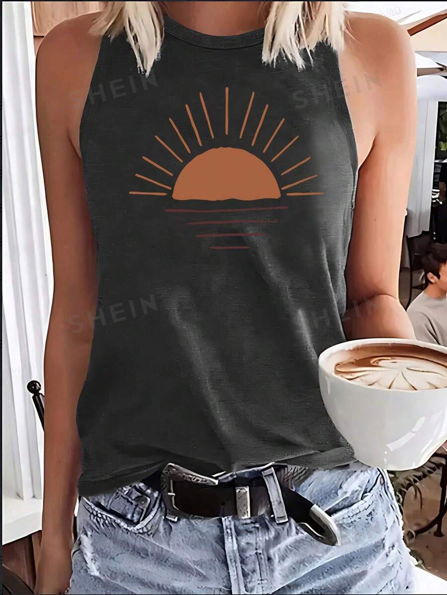 INAWLY Parte superior tipo tank con cuello redondo estampada con un sencillo dibujo de línea de amanecer, camiseta gráfica casual para mujer