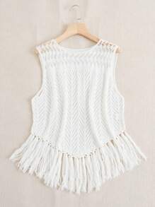 SHEIN Essnce Ladies' Plus Size Hollow Out Knit Vest Top With Tassels, Perfect For Vacation, Casual, Music Festival Or Party - White - View 4