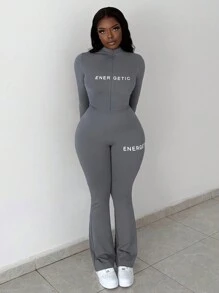 Slaydiva Women's 2pcs Casual Basic High-Stretch Slim Fit Long Sleeve Zipper Top And Pants Set With Letter Print - Grey - View 5