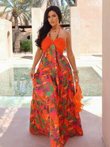 SHEIN SXY Vacation Holiday Resort Cute Sexy Beach Wear Women Outfits Women's Summer Orange  Tropical Print Textured Fabric Backless Beachwear Long Maxi Full Hemline Dress,Sundress - Multicolor - View 4