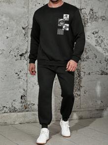 Manfinity Homme Conjunto De Pantalones Deportivos Con Capucha Y Pantalones Deportivos Con Estampado De Letras Escultóricas Informales De Talla Grande Para Hombre