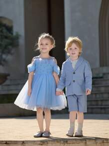 SHEIN Ensemble de 2 pièces Veste de costume rayée pour garçons élégants de style britannique à manches longues et shorts décontractés jusqu'au genou, tenue décontractée et confortable pour cocktail, anniversaire, mariage et voyage - Multicolore - Voir 5